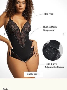 Lace Deep V Built-In Shapewear Bodysuit - Black